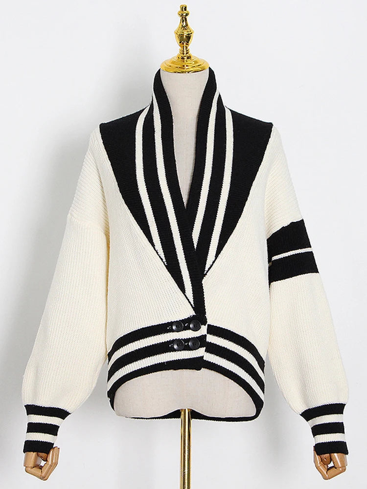 V Neck Long Sleeve Striped Knitting Spliced Button Loose Cardigan