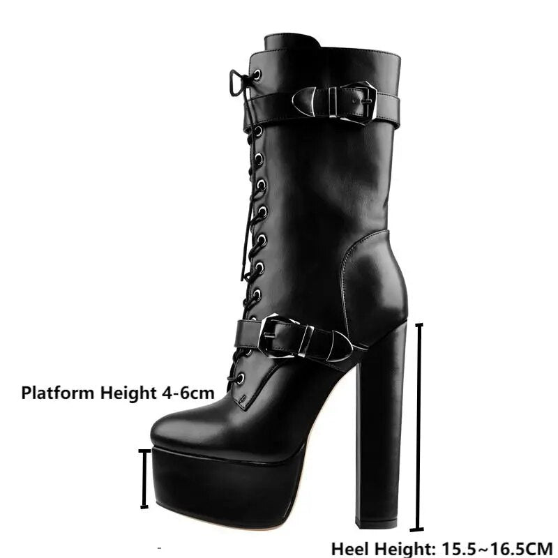 Platform Zip Round Heels Metal Plates Buckle Ankle Boots