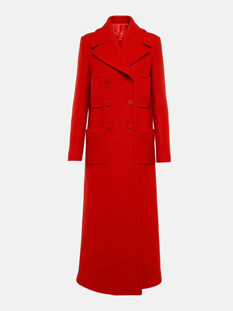 Long Sleeve Double Breasted Pockets Red Over knee Woollen Overcoat