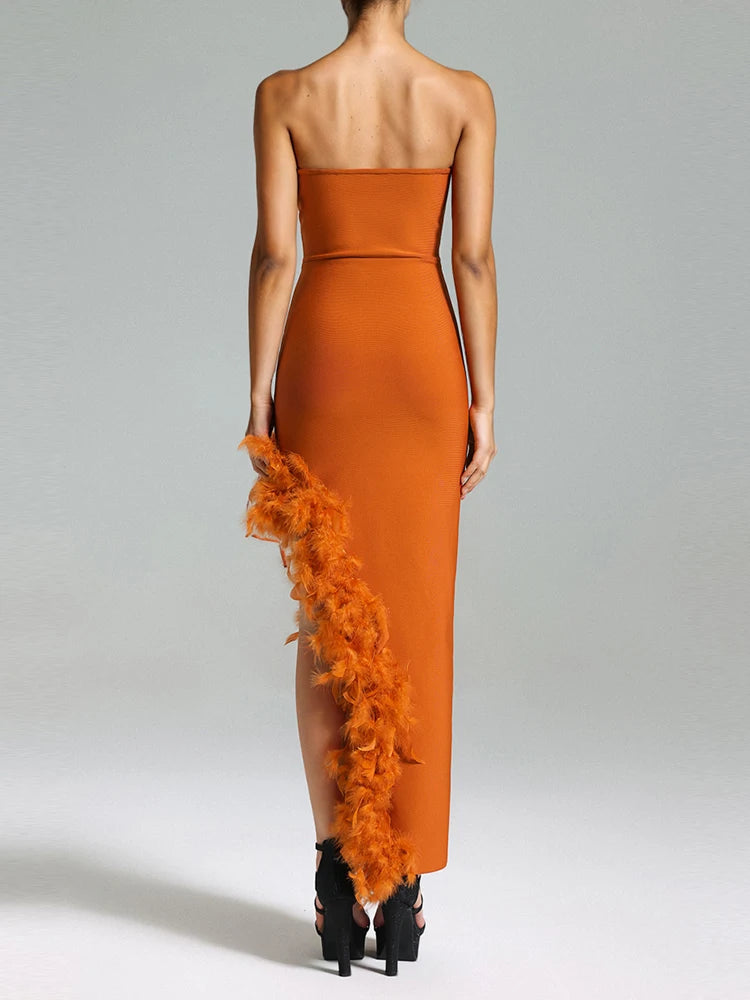 Strapless Backless Feathers One Side Split Bandage Maxi Dress