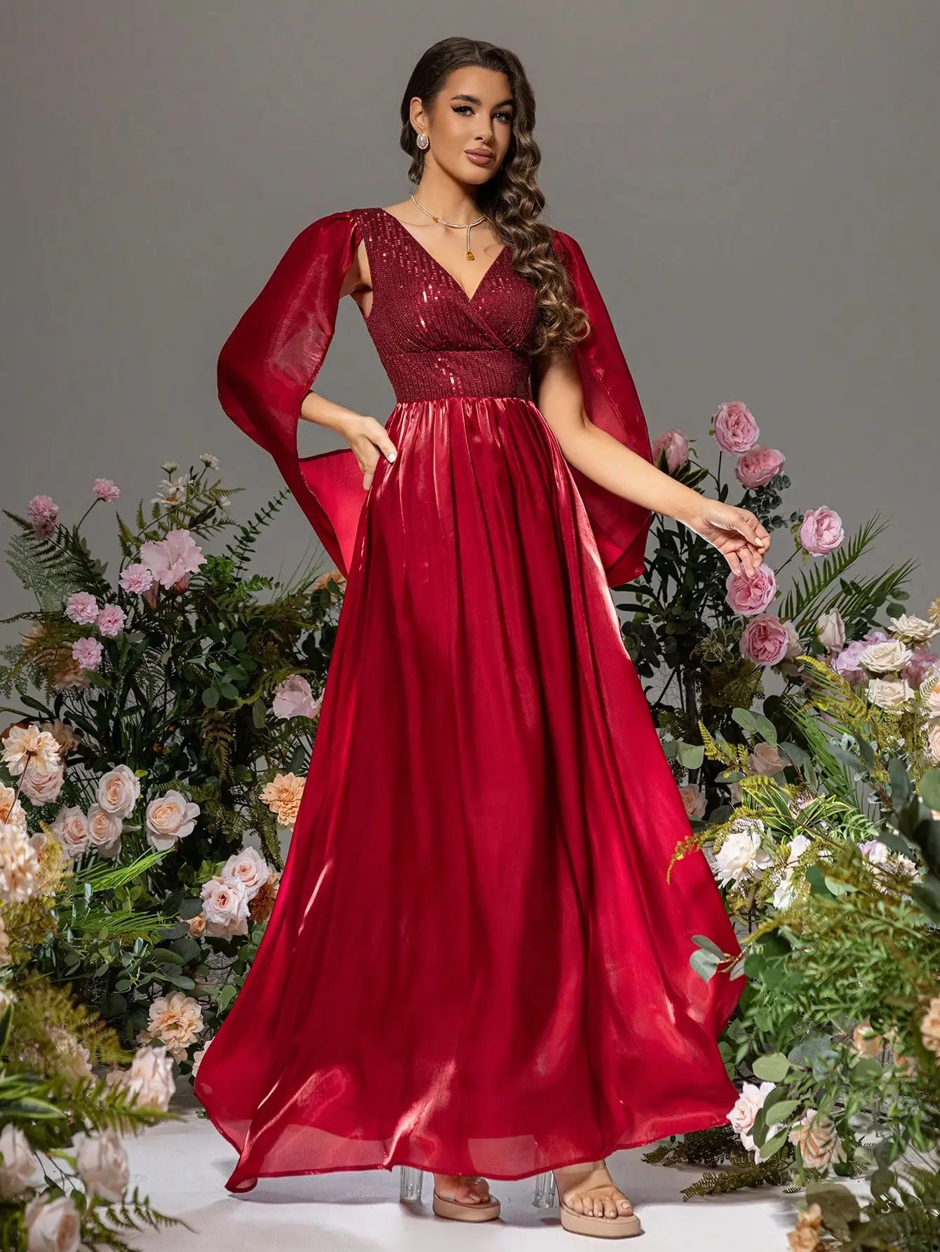 V-Neck Satin Sequin Patchwork Split Sleeve Formal Prom Maxi Dress