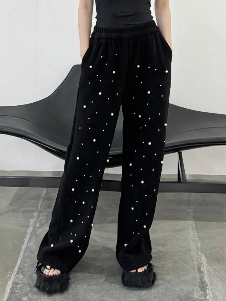 Beading Decor O Neck Long Sleeve Sweatshirt Wide Leg Jogging Set