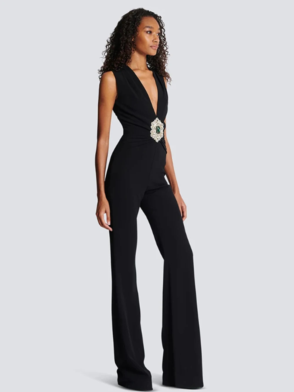 V Neck Sleeveless Diamond High Waist Slim Jumpsuits