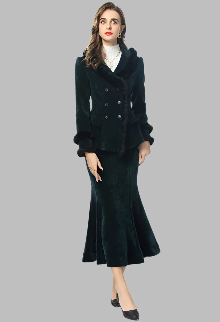 Notched Collar Double-Breasted Blazer Slim Fit Hip Wrap Mermaid Skirt Set