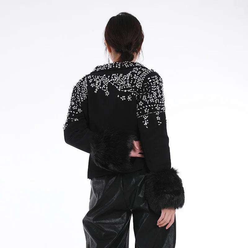 Irregular Rhinestone Single Button Feather Spliced Sleeve Blazer