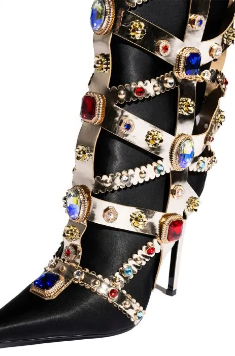 Colourful Bling Crystal Gem Pointed Toe Knee High Boots