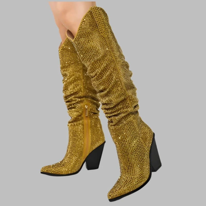 Crystal Diamond Bling Pleated Square High Heel Knee High Boots