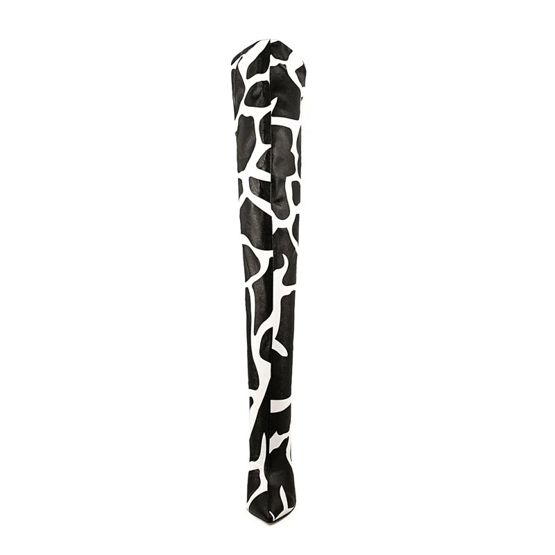 Pointed Toe Leopard Back Zipper Over The Knee High Boots