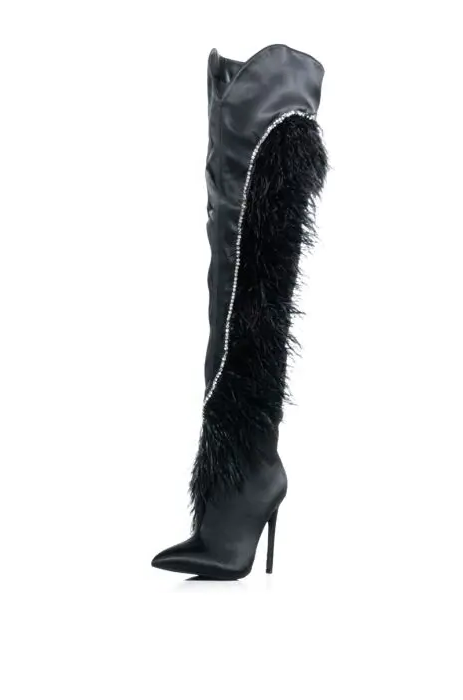 Crystal Thigh High fur Decor High Heels Over The Knee Boots