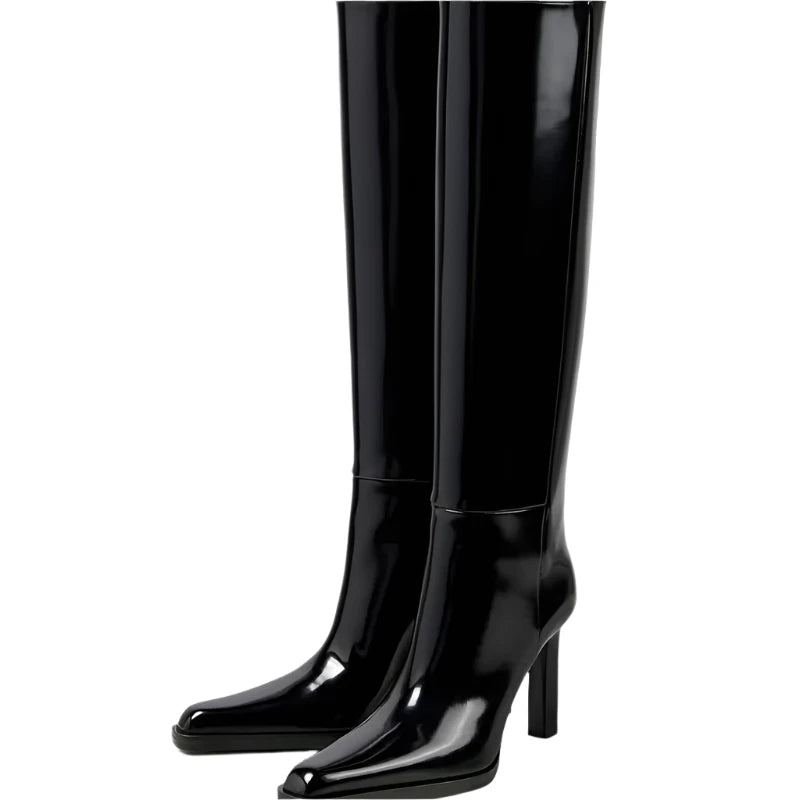 Patent Leather Pointed Toe High Heels Knee Hight Boots