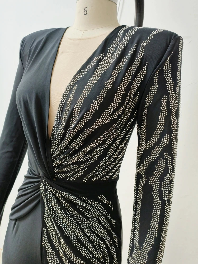 V Neck Sparkly Diamonds Draped Long Sleeve Folds Crystal Wide Leg Jumpsuit