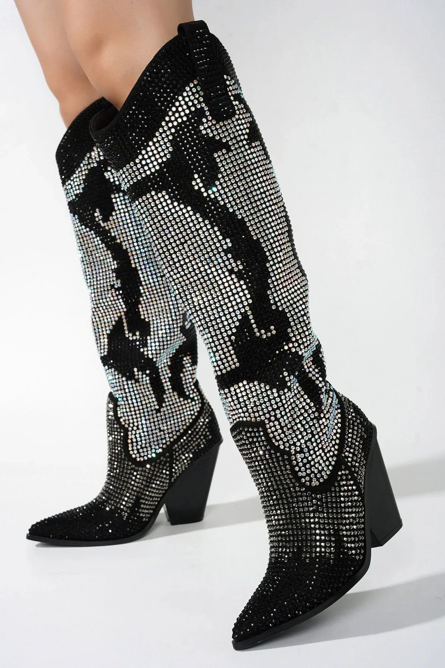 Bling Silver Crystal Stacked Rhinestone Knee High Chunky Heels Boots