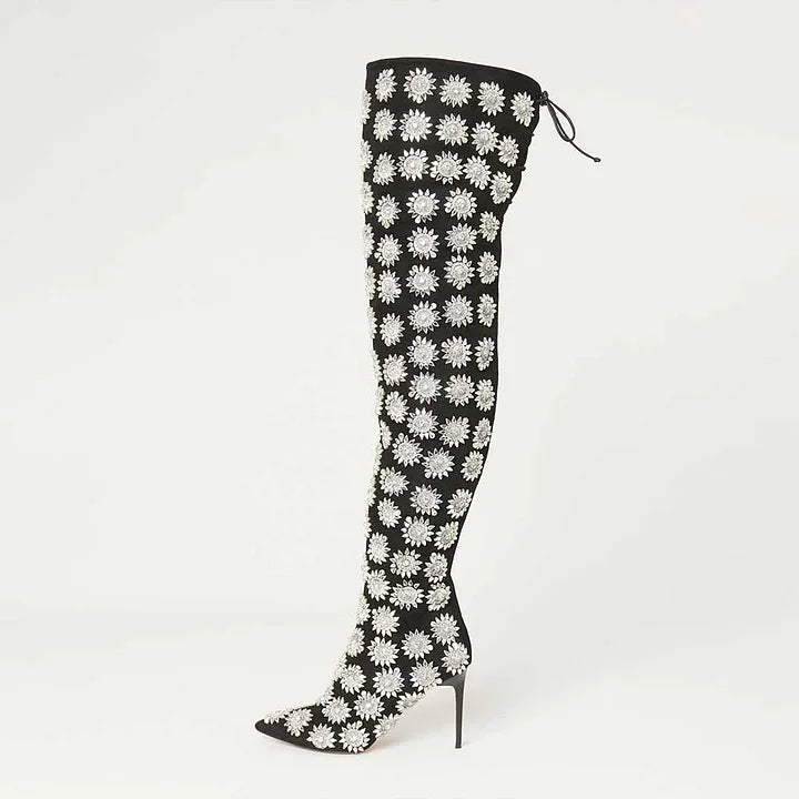 Crystal Print Pointed Toe High Heel Over the Knee Boots