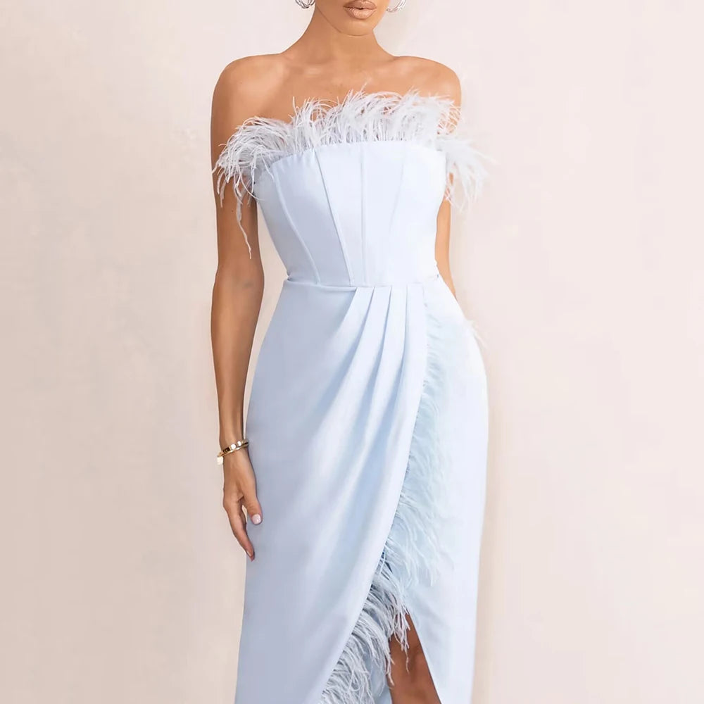 Strapless Feather Tight Split Bandage Maxi Dress