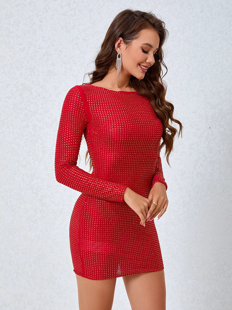 Backless Mesh Crystal Diamond Bright Rhinestone Long Sleeve Mini Dress