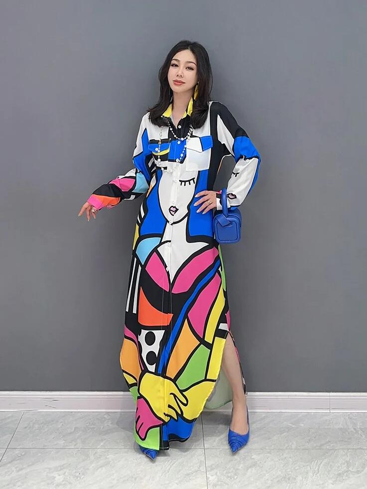 Polo Neck Colourful Abstract Print Irregular Maxi Dress