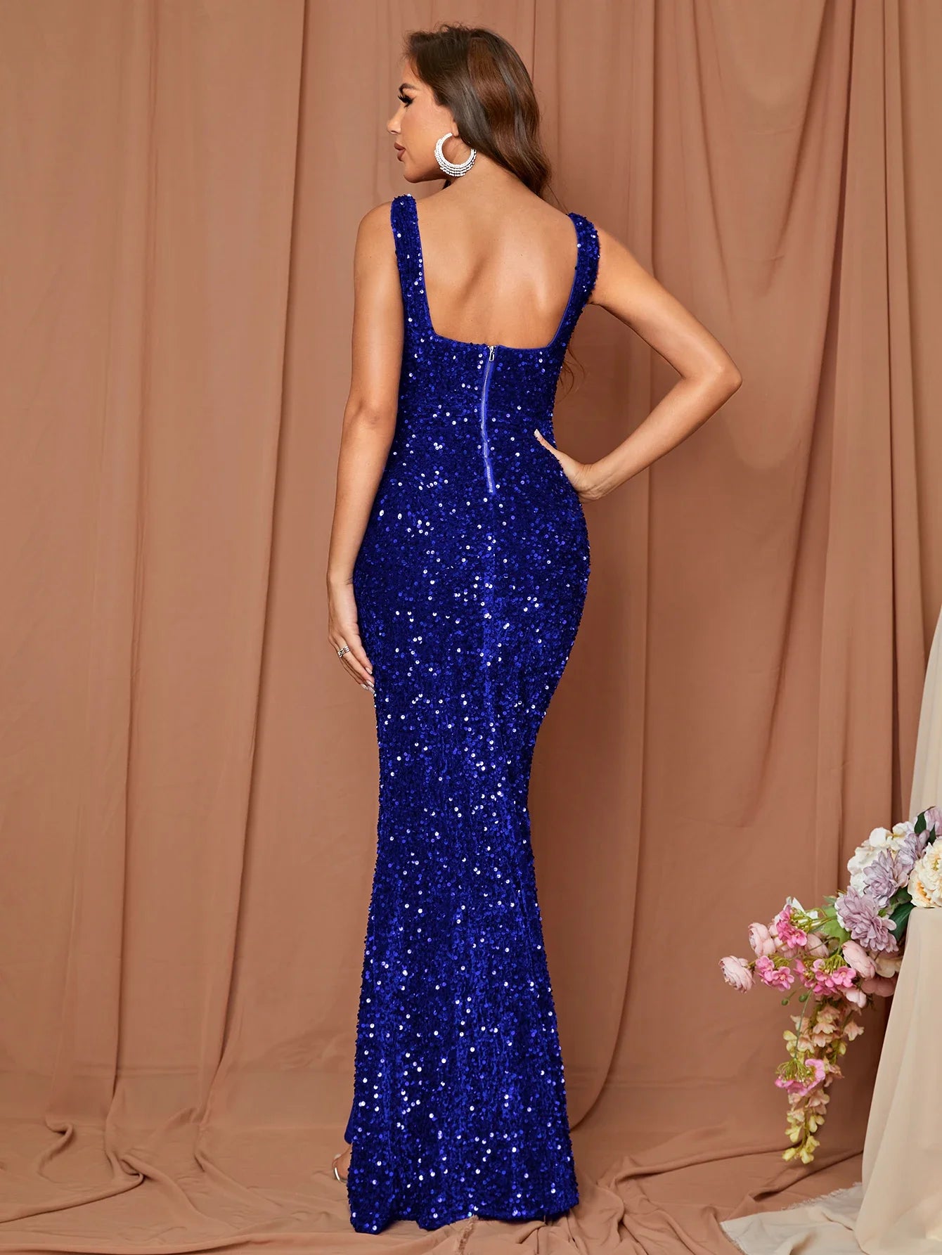 Square Neck A LINE Sleeveless Sequin Split Maxi Dress