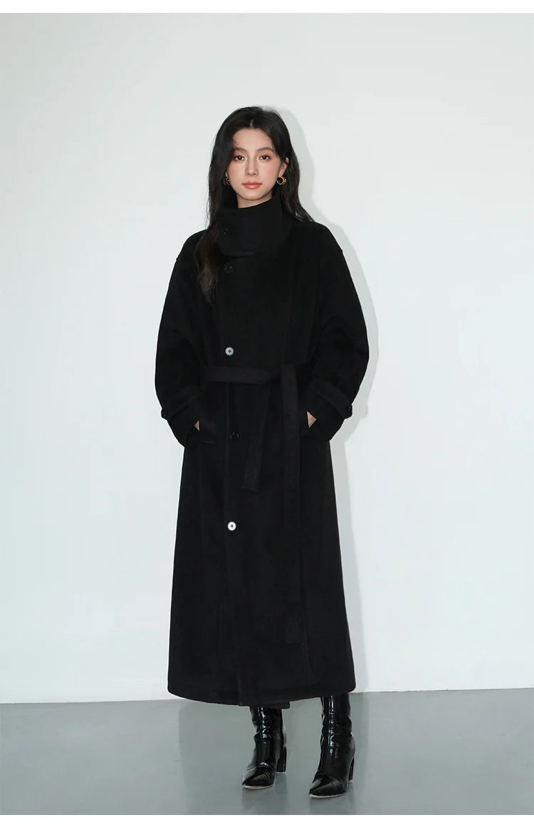 Turtleneck Loose Single Breasted Lined Sashes Blends Woollen Overcoat