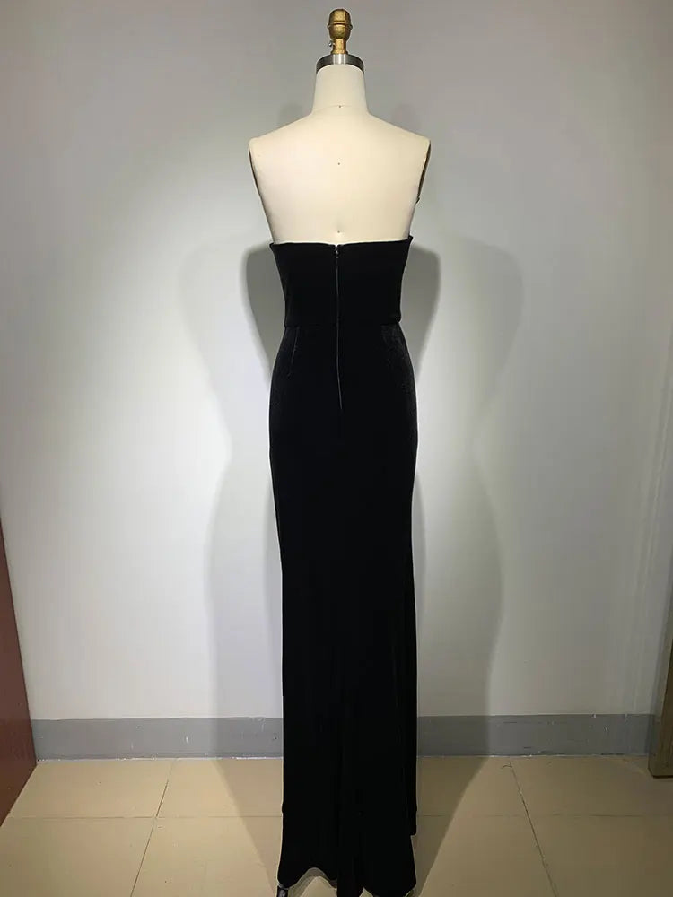 V Neck High Slit Crystal Design Velvet Maxi Dress