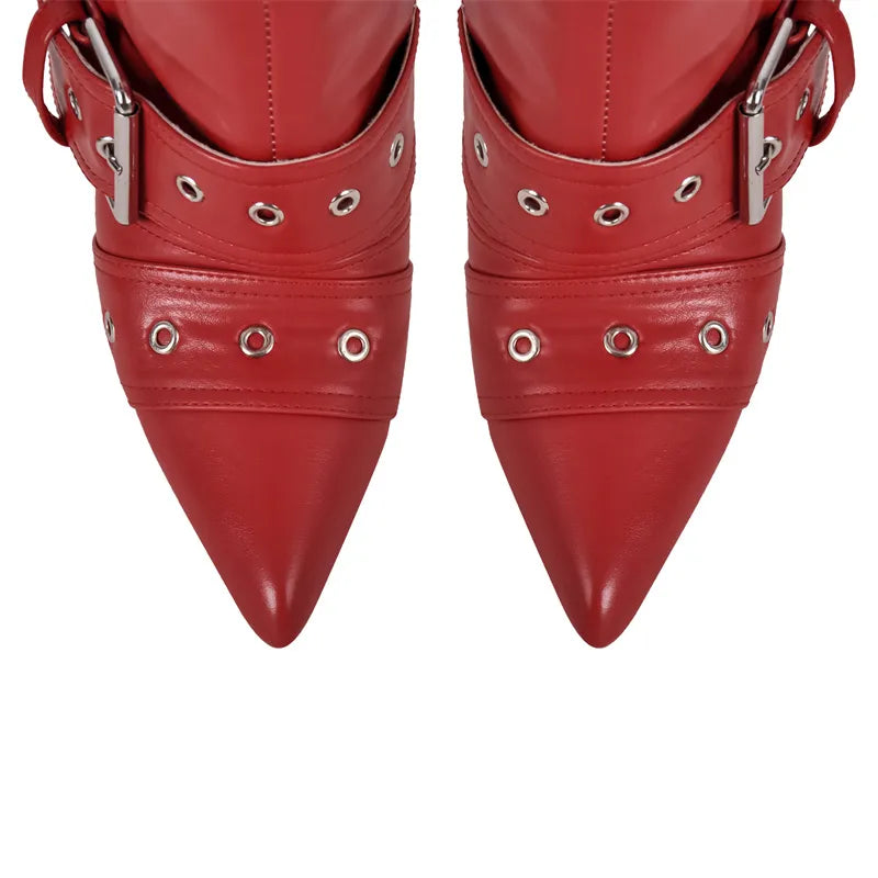 Pointed Toe Red Buckle Strap Thin High Heel Over The Knee Boots