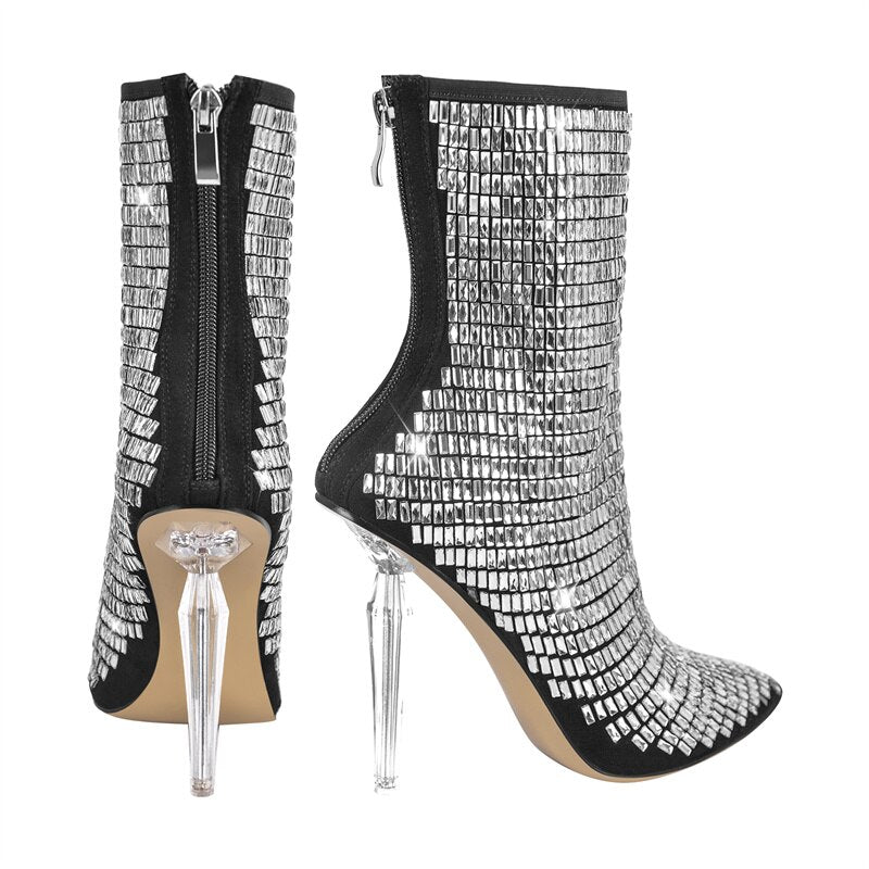 Crystal Pointed Toe Back Zipper Metal Thin Heel Ankle Boots