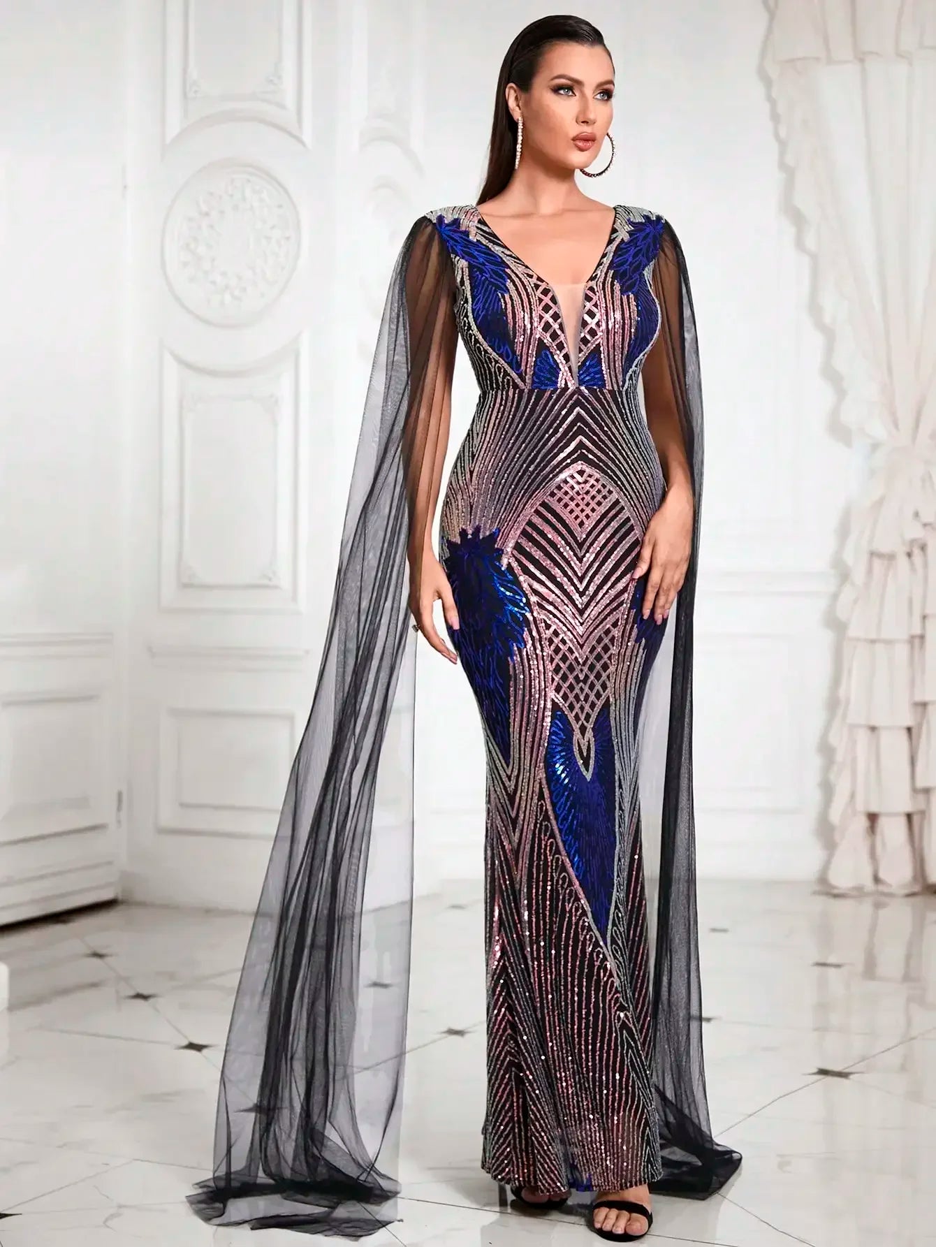 Deep V Neck Contrast Mesh Cloak Sleeve Sequin Formal Maxi Dress