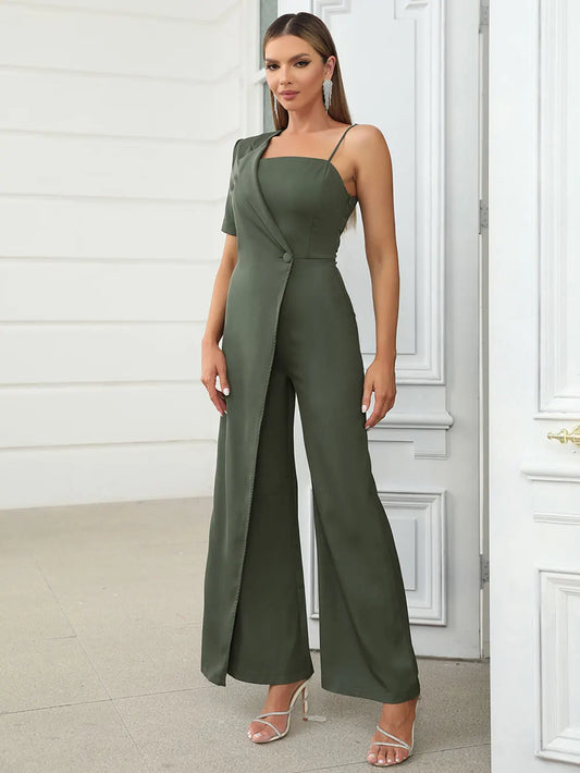 Spliced Decoration Single Shoulder Short Sleeve Flare jumpsuit