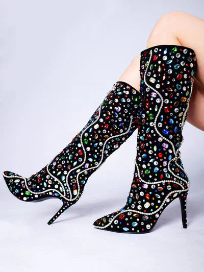 Rhinestone Pointed Toe Bling Crystal Thin High Heel Knee High Boots