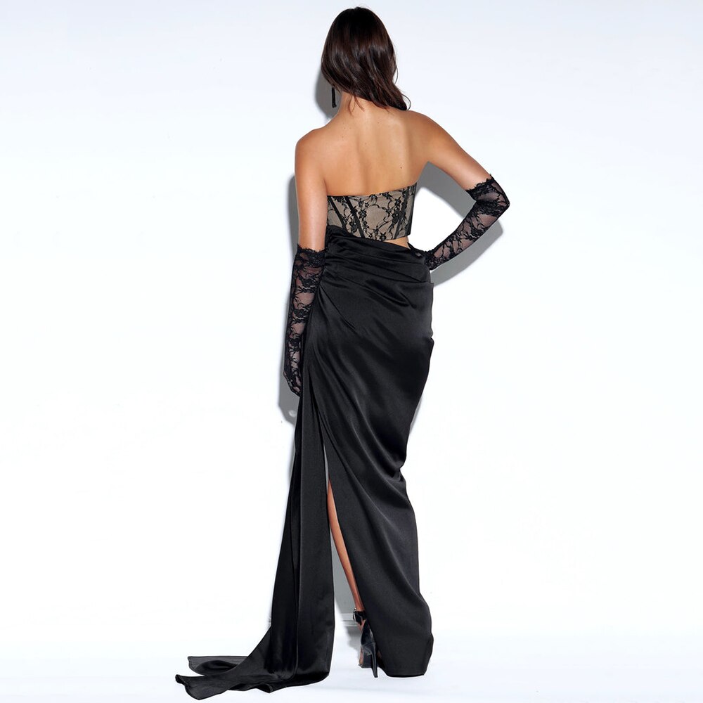 Strapless Pleated Long V-neck High Split Satin Lace Maxi Dress