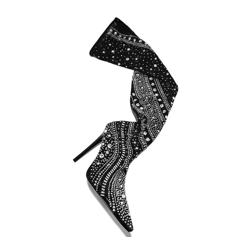 Crystal Embellished Stretch Thigh High Heel Over The Knee Boots