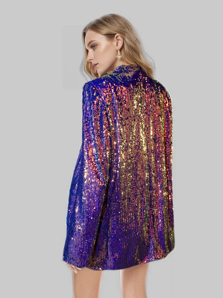 Sequin Notched Single Button Pockets Slim Colourful Blazer