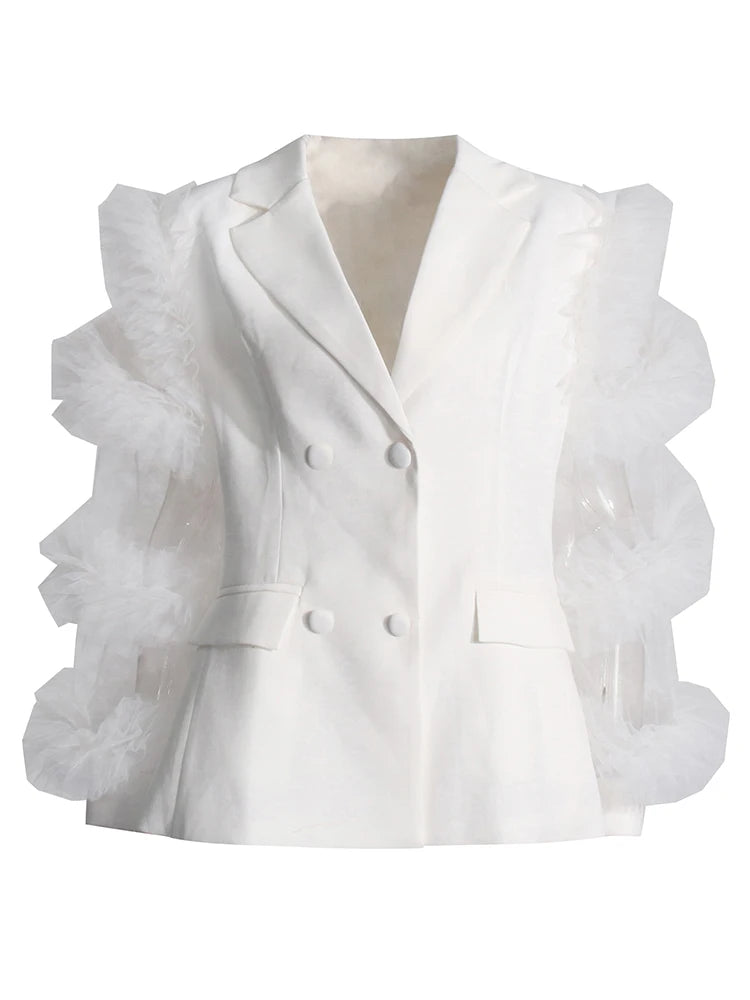 Spliced Mesh Notched Collar Long Sleeve Spliced Button Blazer