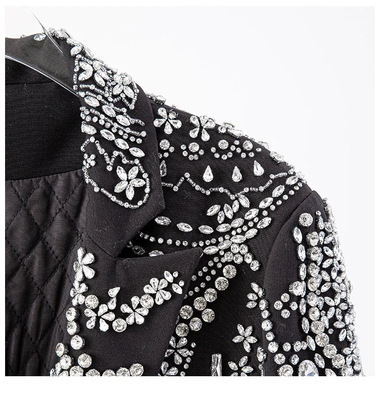 Irregular Rhinestone Single Button Feather Spliced Sleeve Blazer