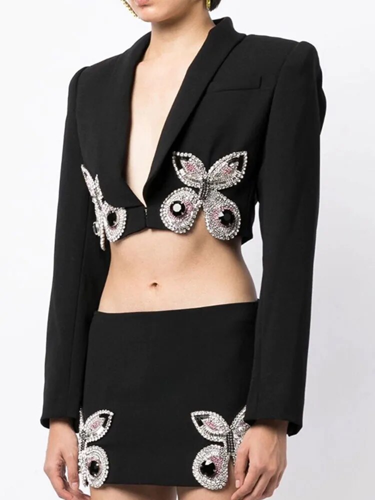 Diamond Embedding Design 3D Butterfly Short Blazer & Mini Skirt Set