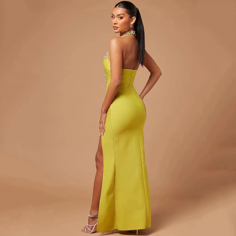 V-neck Sleeveless Backless Diamond Tight Split Maxi Bandage Dress