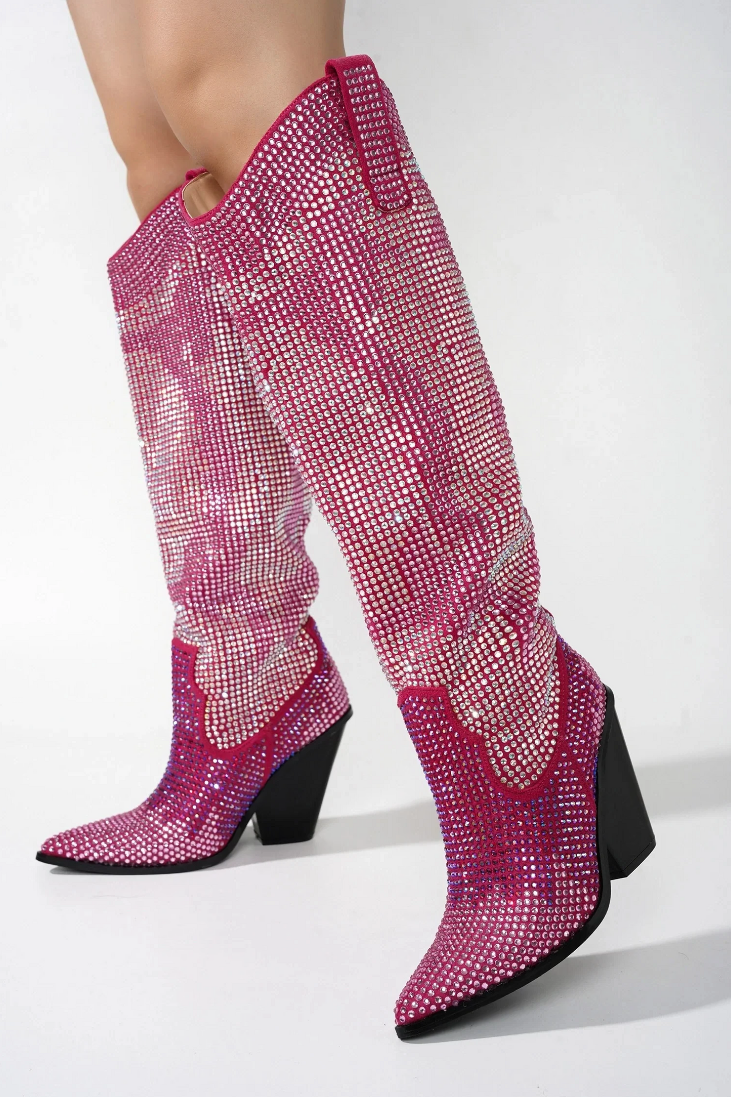 Bling Silver Crystal Stacked Rhinestone Knee High Chunky Heels Boots