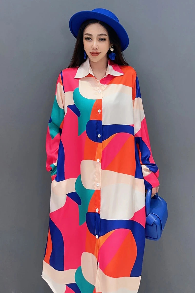 Contrast Colour Print Loose Versatile Mid Casual Shirt Dress