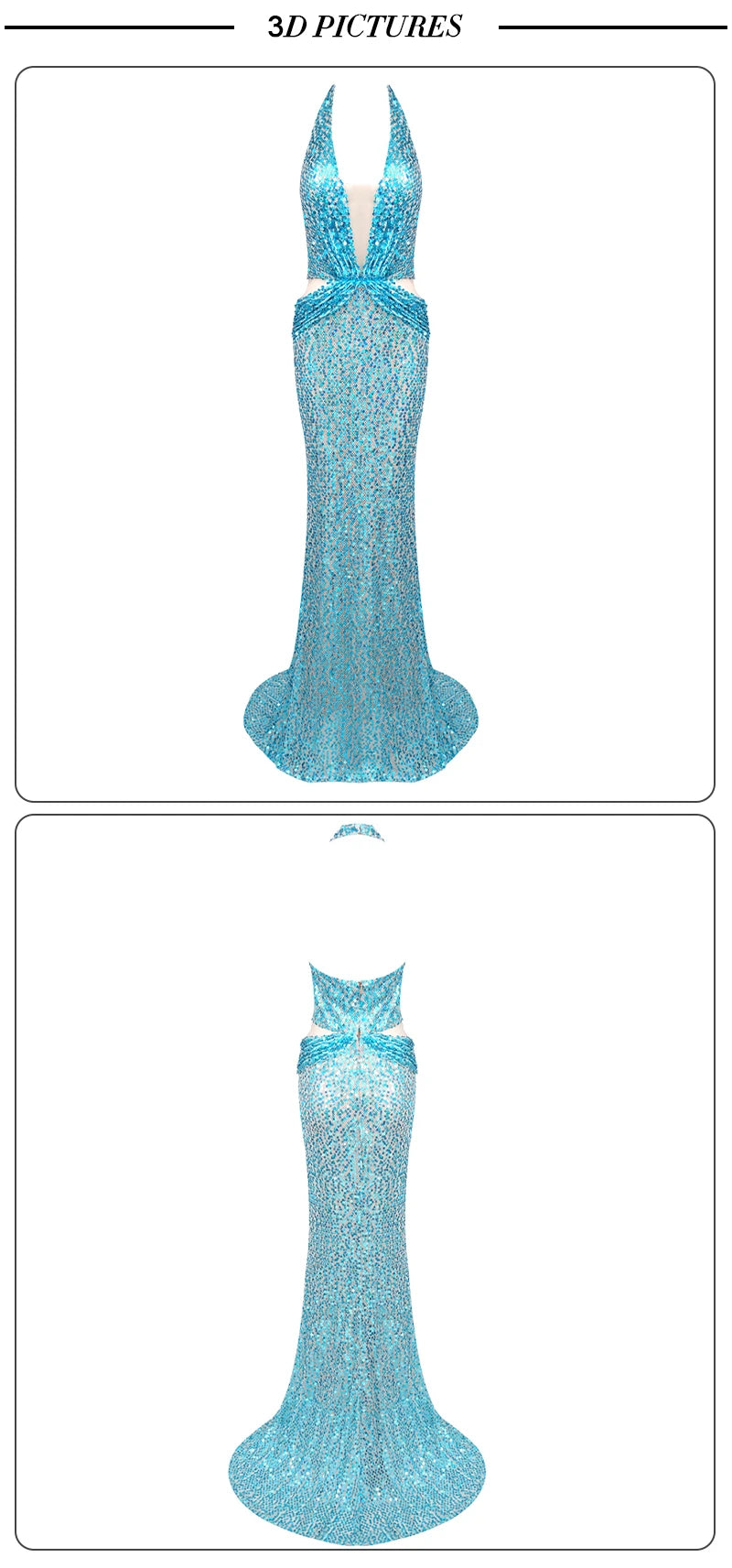 Sequins Beaded Deep V Neck Plunge Halter Cut Out Mermaid Maxi Dress