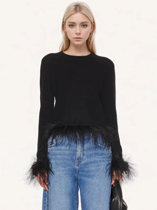 Patchwork Feathers Casual O Neck Long Sleeve Spliced T Shirt