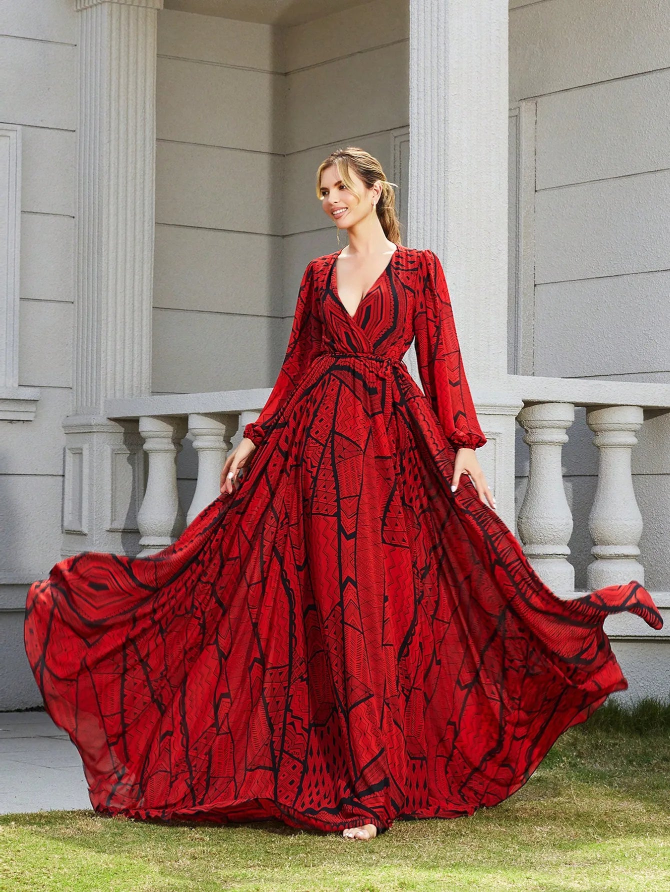 Geometric Printed Overlap V-Neck Lantern Sleeve Maxi Dress