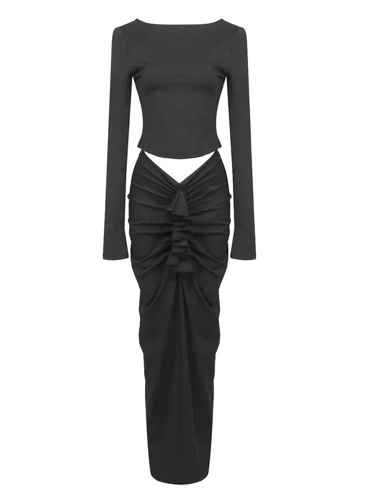 Backless Long sleeved Top & Draping Maxi Skirt Set