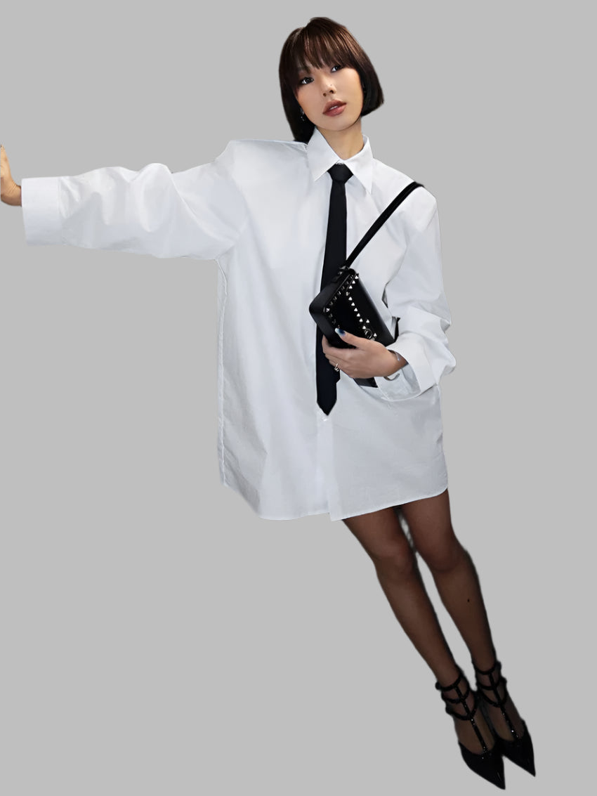 Loose Cotton With Tie Formal Lapel Long Sleeve Mini Shirt Dress