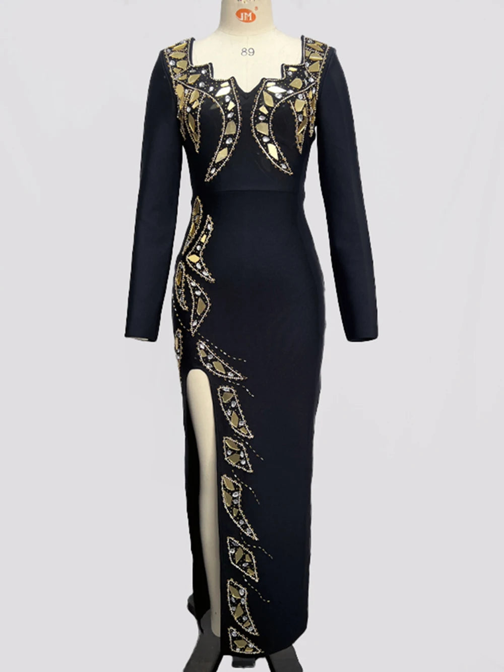 Toothed Collar Long Sleeve Sequins High Split Bandage Maxi Dress