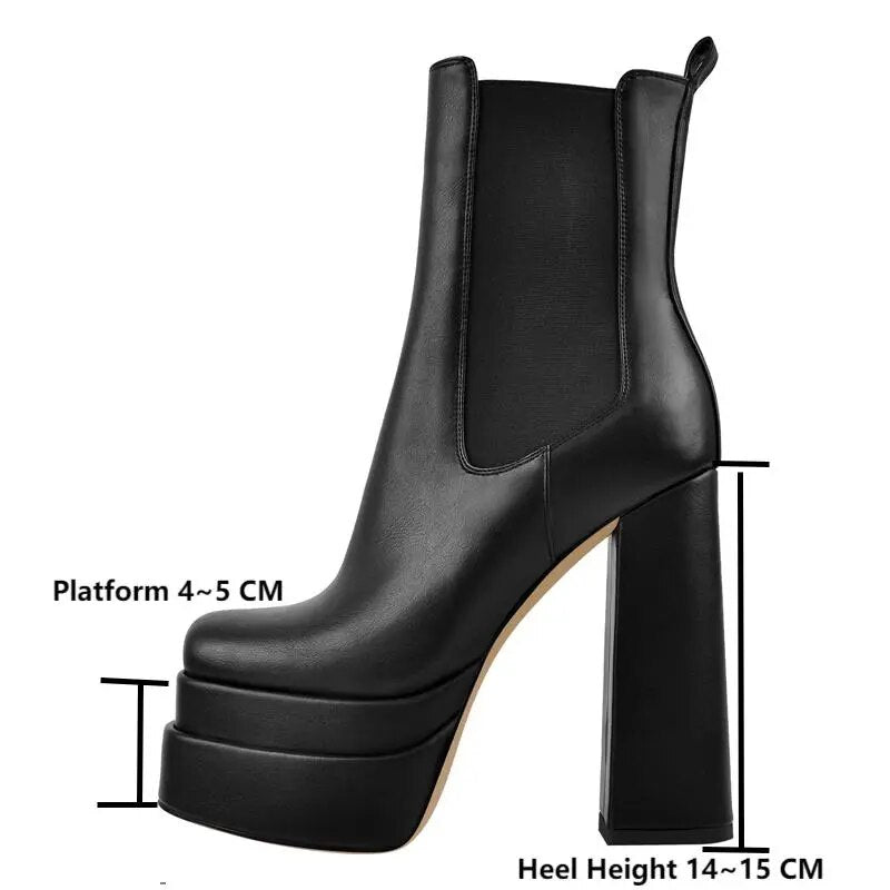 Round Toe Double Platform Side Zipper Chunky High Heels Ankle Boots
