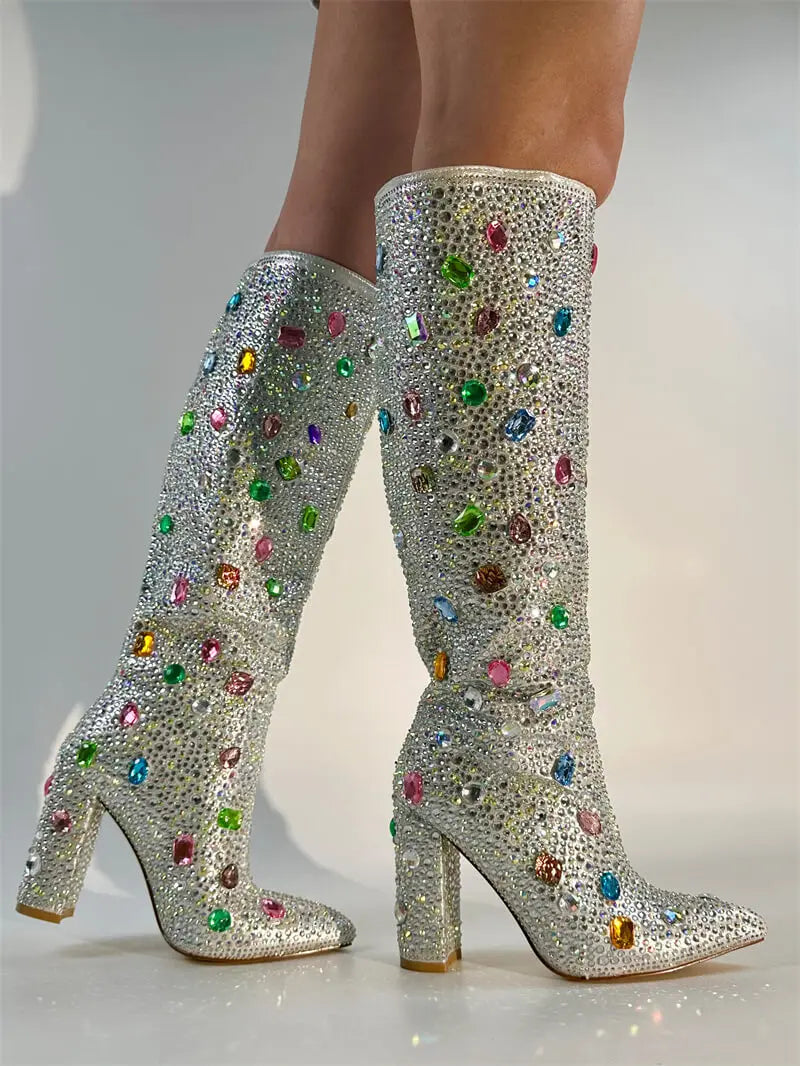 Pointed Toe Rhinestone Block Heel Knee High Boots