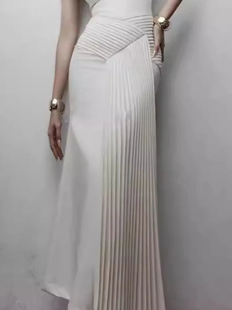 Skew Collar Spliced Pleated Design High Waist Sleeveless Maxi Dress