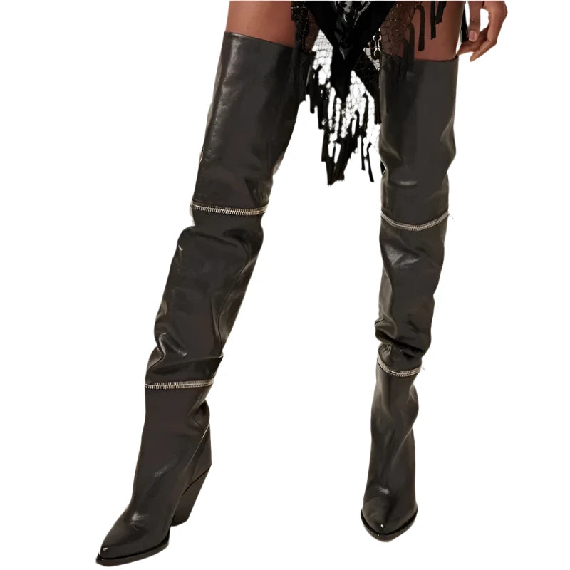 Metal Zipper Chunky Heel Pointed Toe Thigh Over The Knee Boots