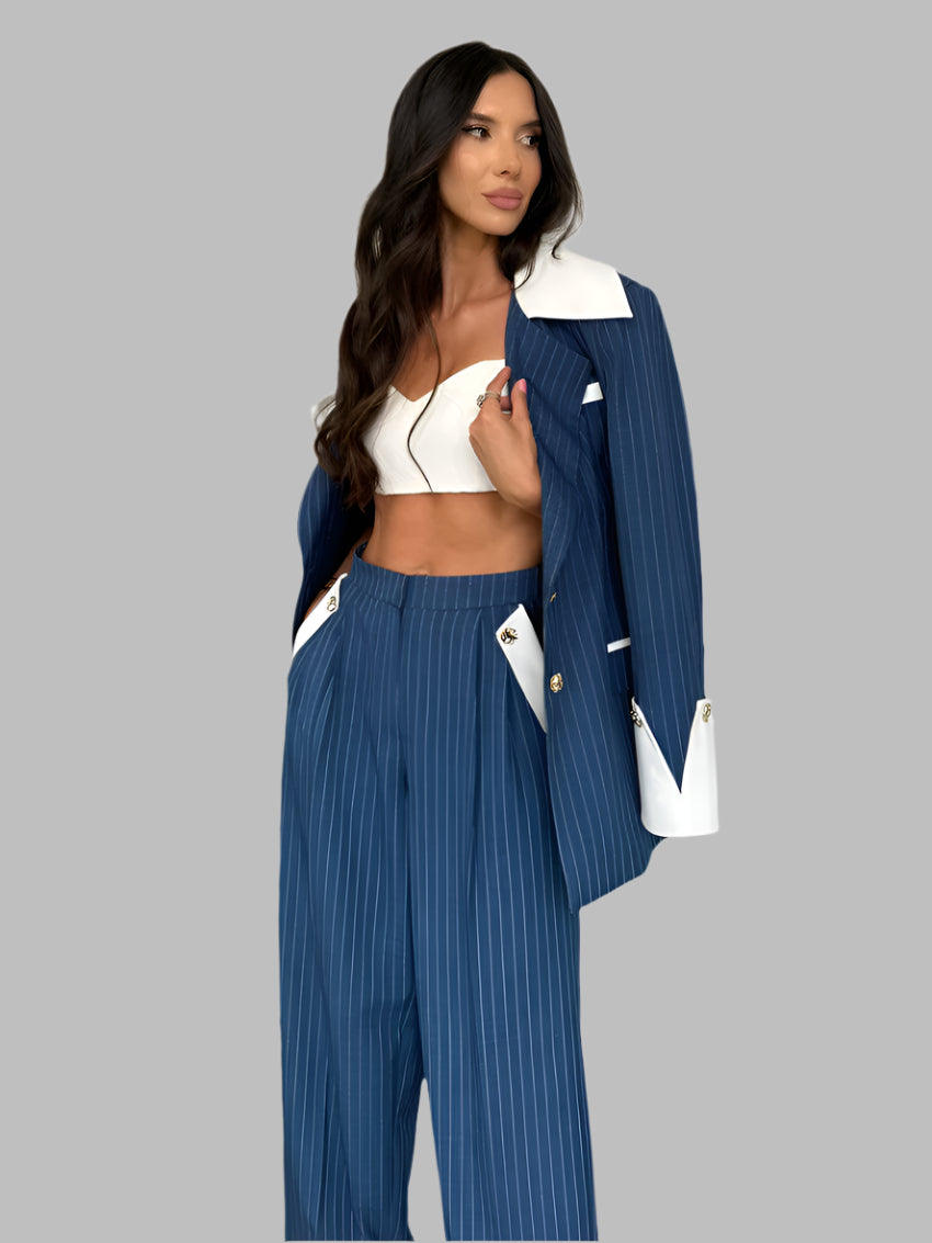 Stripe Patchwork Long Sleeve Blazer With High Waist Trousers Set