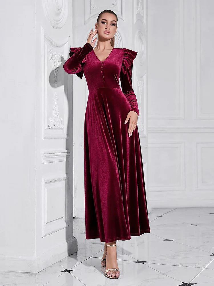 V Neck Ruffles Long Sleeve Velvet Button Slim A line Maxi Dress