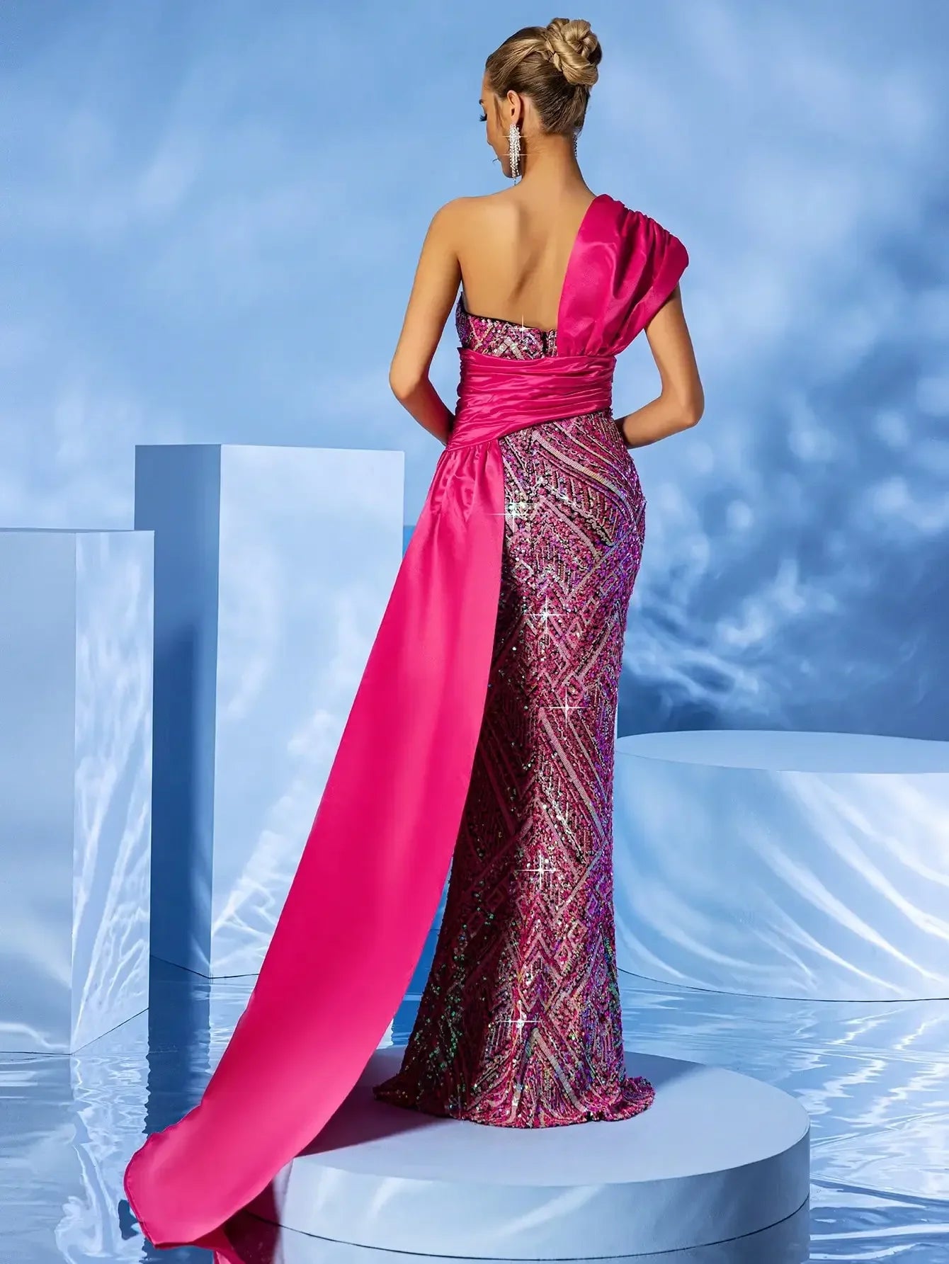 Sleeveless One-Shoulder Pink Sequined Trimmed Draping Hem Maxi Dress